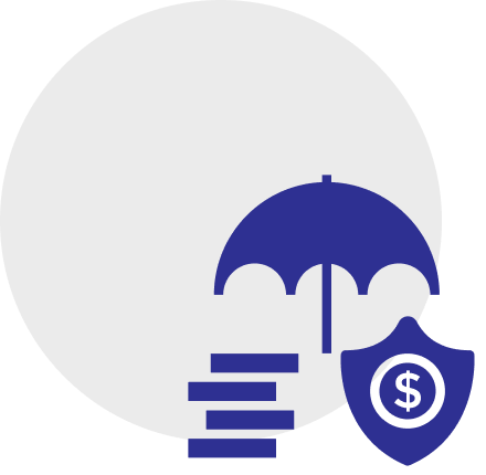 A blue icon of an umbrella, a stack of coins, and a shield with a dollar sign symbolize personal insurance on a white background.