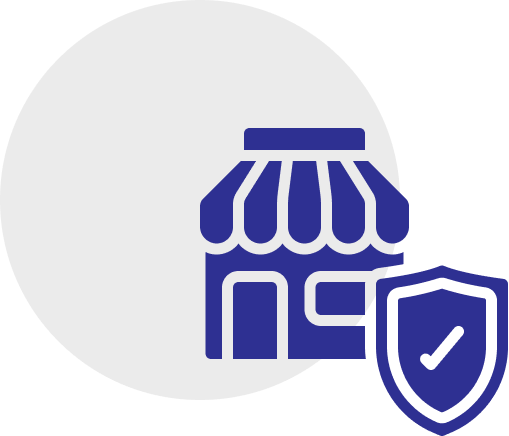 Icon of a blue store with an awning next to a shield bearing a checkmark, symbolizing security and protection for businesses and personal insurance.