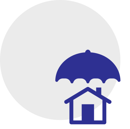 A blue umbrella icon, symbolizing personal insurance, shelters a house against a large white circle on a gray background.