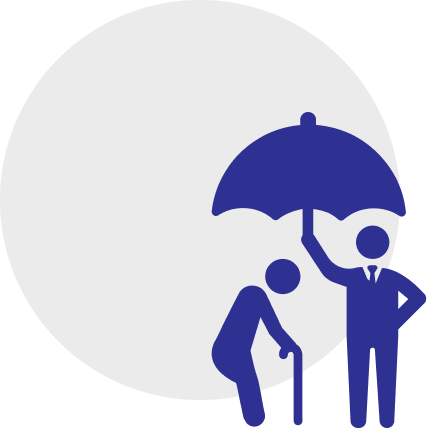 Two abstract blue figures; one holds an umbrella over the other who is using a cane, illustrating personal insurance by depicting protection or assistance.