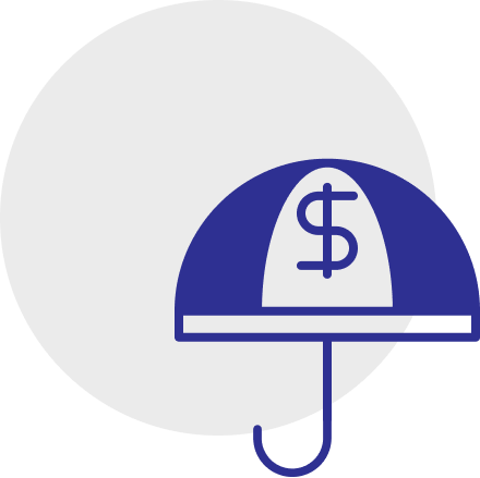 A blue and white umbrella icon with a dollar sign, representing personal insurance, set against a large pale circle backdrop.