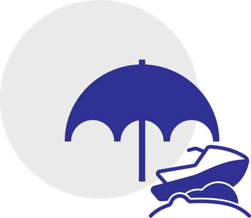 Blue umbrella and sunglasses set against a white circle backdrop, symbolizing protection akin to personal insurance.