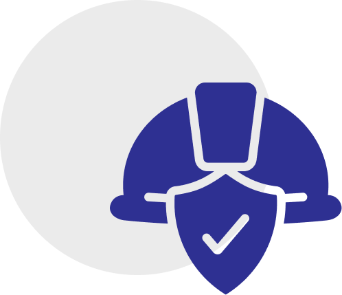 Icon of a blue construction helmet with a shield and checkmark in front, set against a white circle background, symbolizing personal insurance and safety.