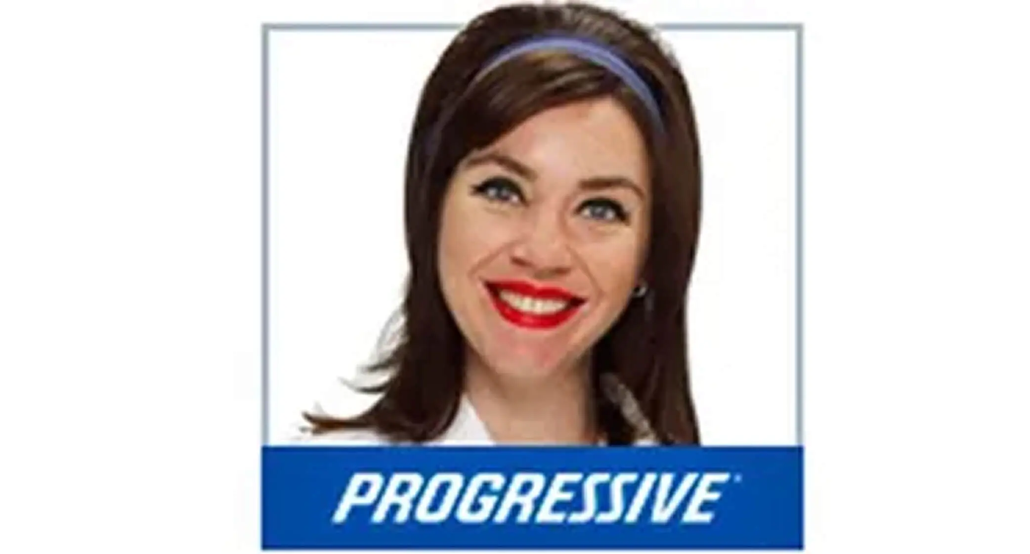 A smiling woman with dark hair and red lipstick, wearing a white outfit, appears above a blue banner with the words